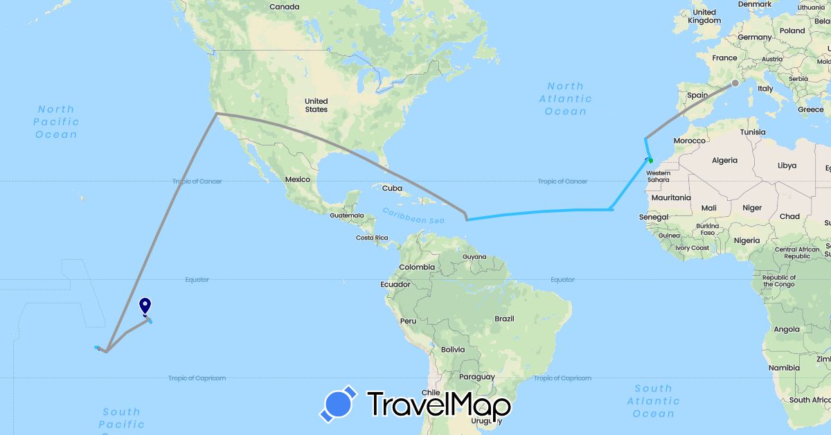 TravelMap itinerary: driving, bus, plane, hiking, boat in Cape Verde, Spain, France, Portugal, United States (Africa, Europe, North America)
